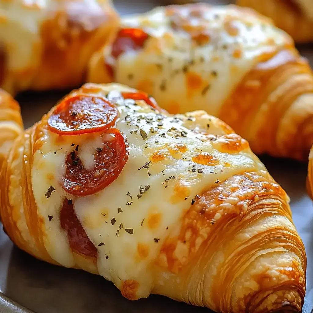 Gebackene Blätterteigrollen, getoppt mit geschmolzenem Käse, Pepperoni und Kräutern.