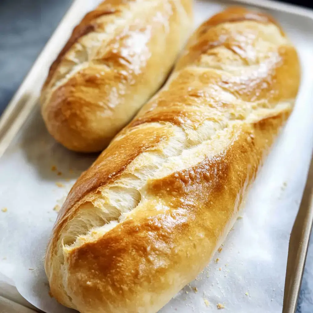 Zwei frisch gebackene Baguettes mit goldbrauner Kruste liegen auf Backpapier im Blech.