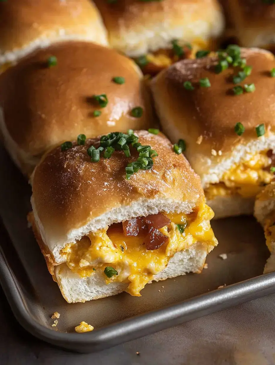 Nahaufnahme: Lockeres Rührei mit Käse und Speck quillt aus einem goldbraunen Brioche-Brötchen, oben mit frischem Schnittlauch bestreut.