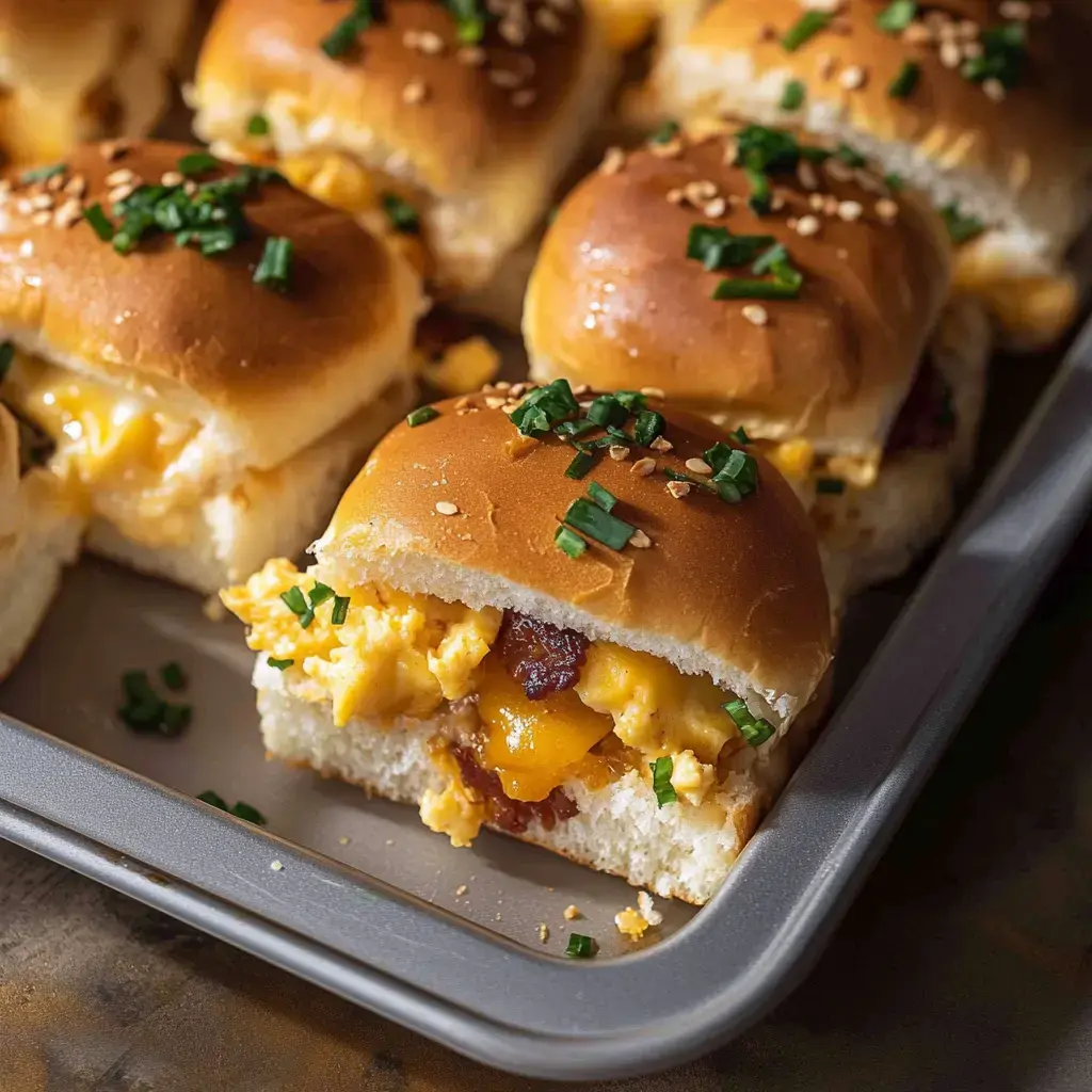 Nahaufnahme: Mehrere kleine Frühstücks-Slider mit Rührei, Käse und Speck, oben mit Sesam und frischem Schnittlauch bestreut.