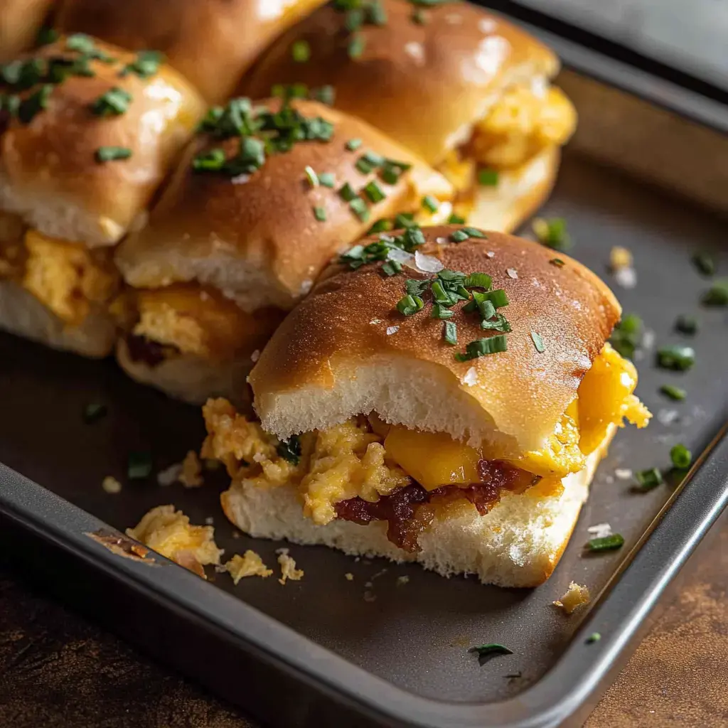 Nahaufnahme: Brötchen mit Rührei und Käse gefüllt, obendrauf Schnittlauch.