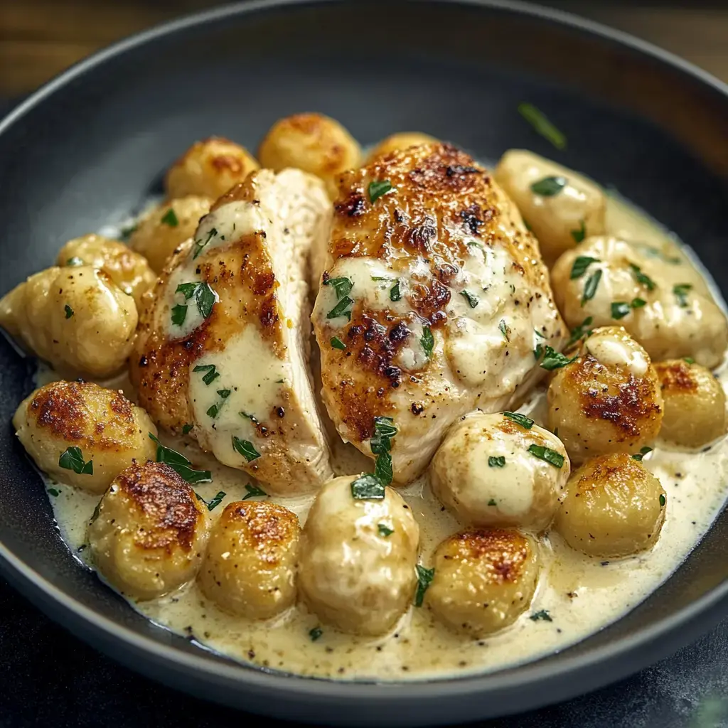Ein Teller mit zart gebratenem Hähnchenbrustfilet, cremiger Sauce und goldenen Gnocchi, dekoriert mit frischen Kräutern.