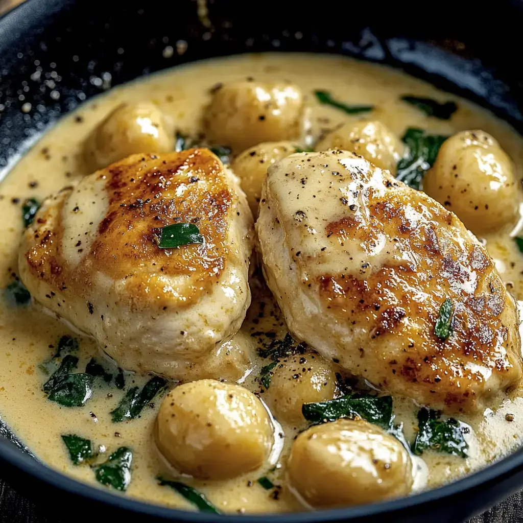 Nahaufnahme von zwei goldbraunen Hähnchenbrüsten in sahniger Sauce mit kleinen Kartoffeln und frischen Kräutern.