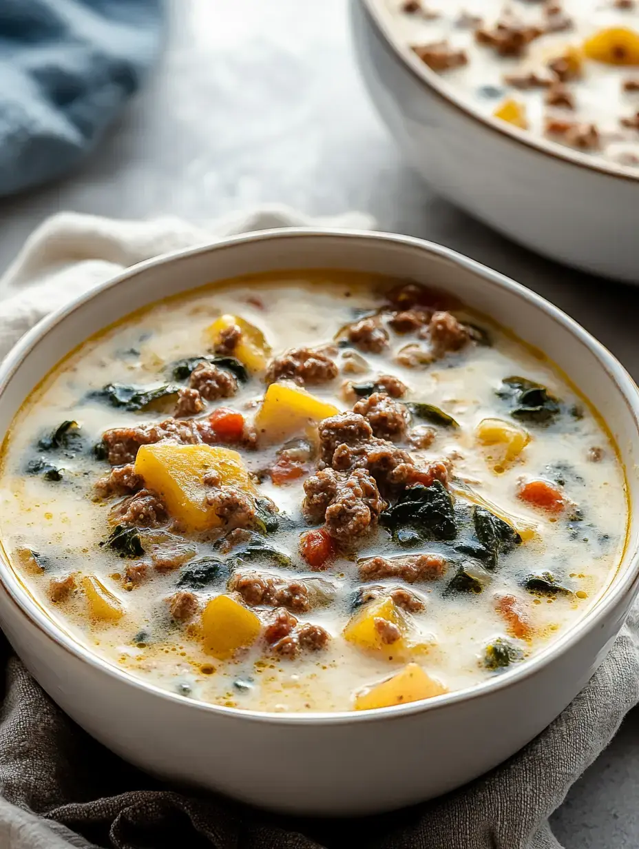 Eine Schale cremige Suppe mit Hackfleisch, Kartoffelwürfeln, Spinat und buntem Gemüse.