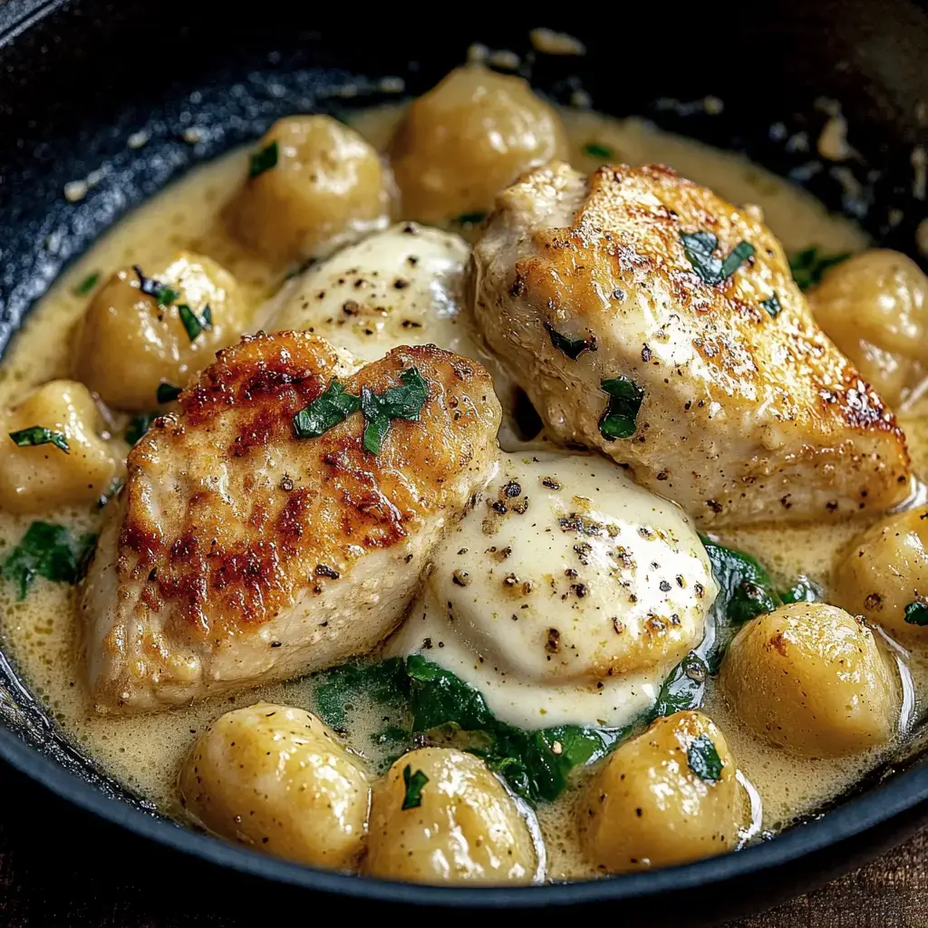 Nahaufnahme: Zwei gebratene Hähnchenstücke in cremiger Sauce mit kleinen Gnocchi und Petersilie garniert.