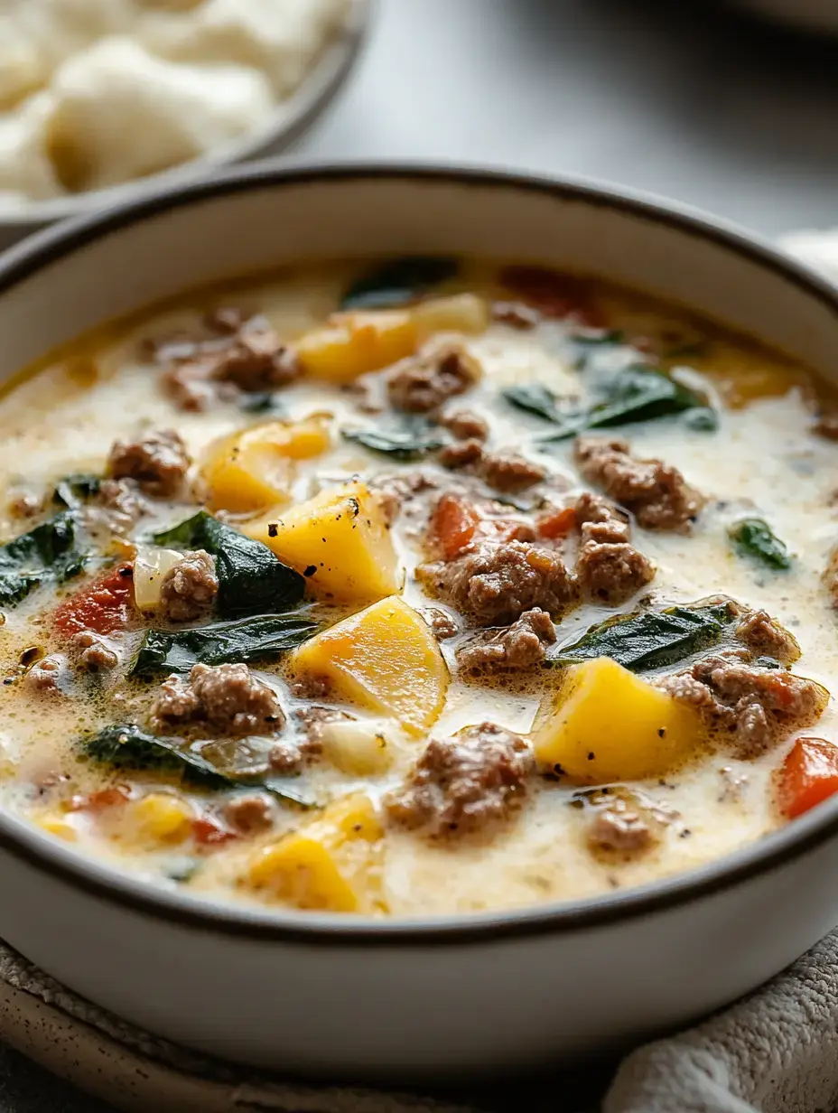 Cremige Suppe mit Hackfleisch, Kartoffeln, Spinat und Tomaten in einer Schale.