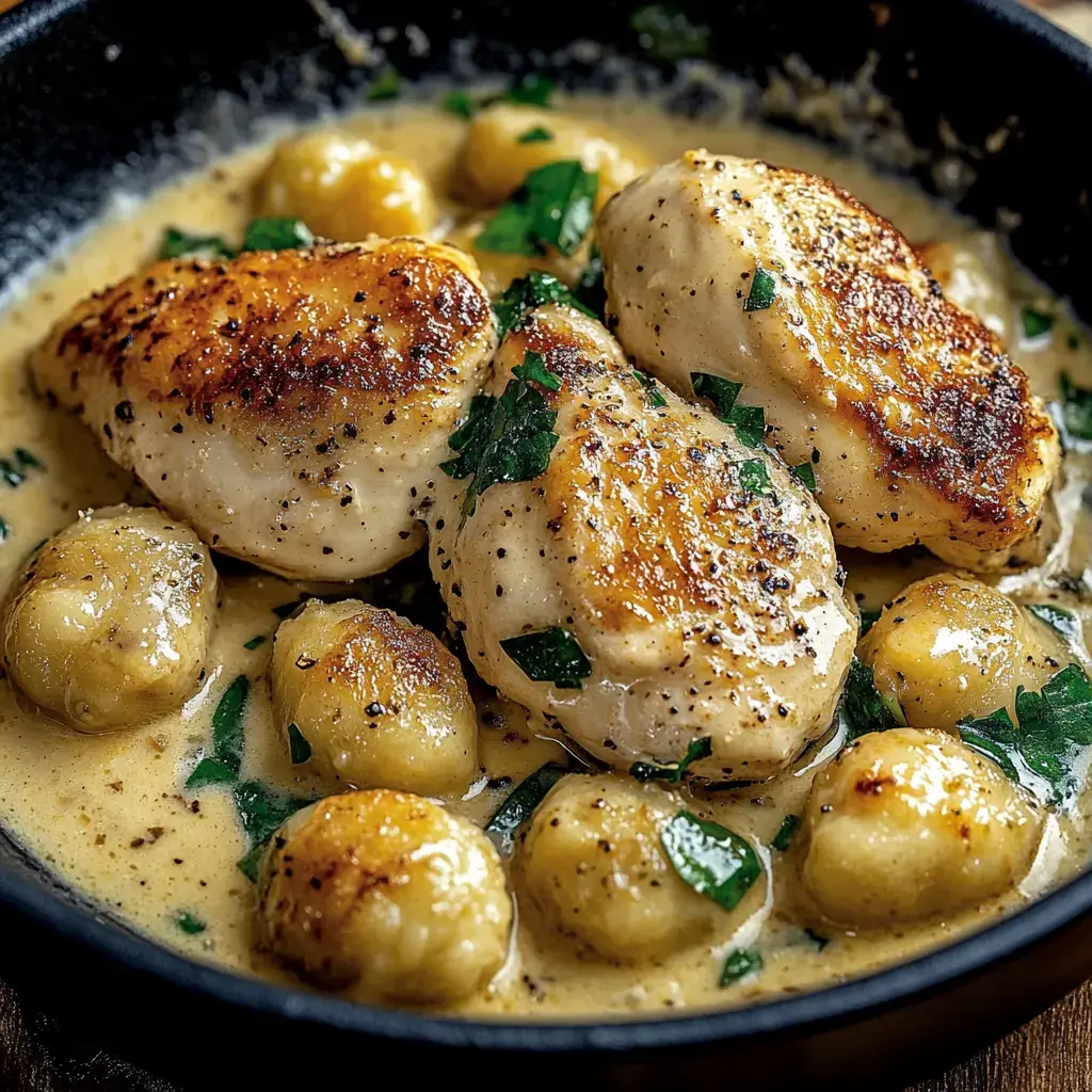 Pfanne mit angebratenem Hähnchen und Gnocchi in sahniger Sauce, bestreut mit frischer Petersilie.