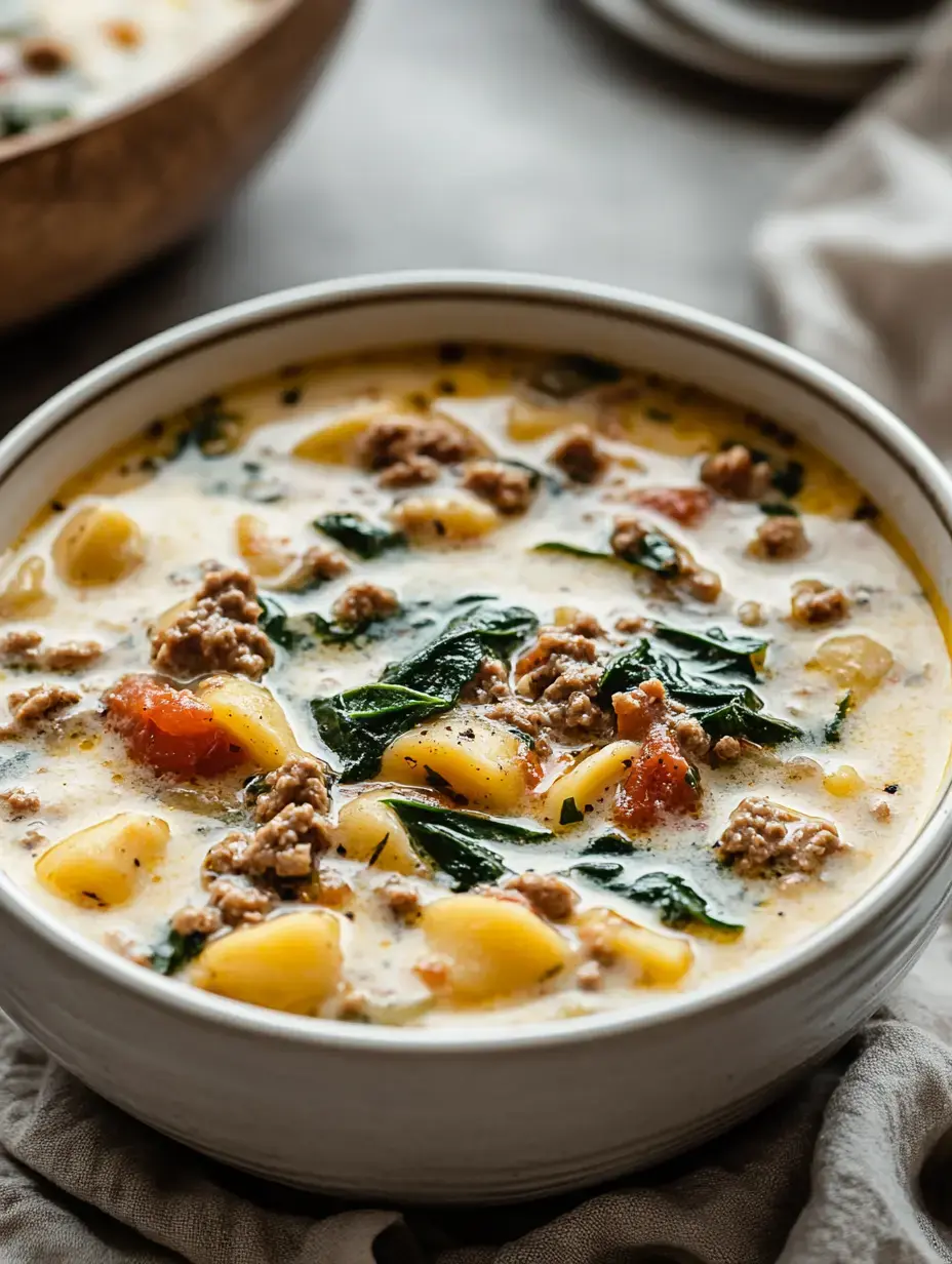 Nahaufnahme einer cremigen Suppe mit Kartoffeln, Hackfleisch, Spinat und Tomaten.