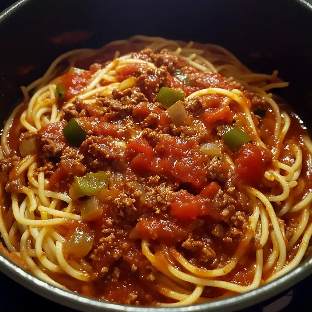 Ein Teller Spaghetti mit kräftiger Hackfleisch-Tomatensoße, bestreut mit Paprika und Zwiebeln.