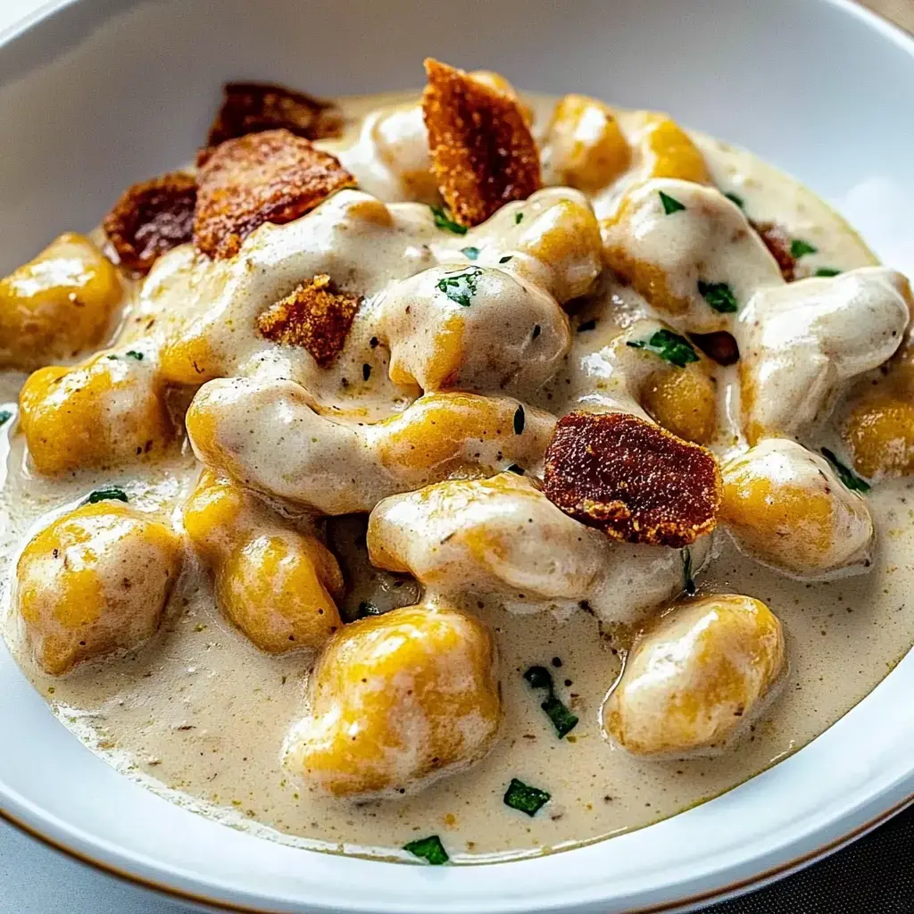 Eine Schüssel cremige Gnocchi mit knusprigem Speck und frischen Kräutern garniert.