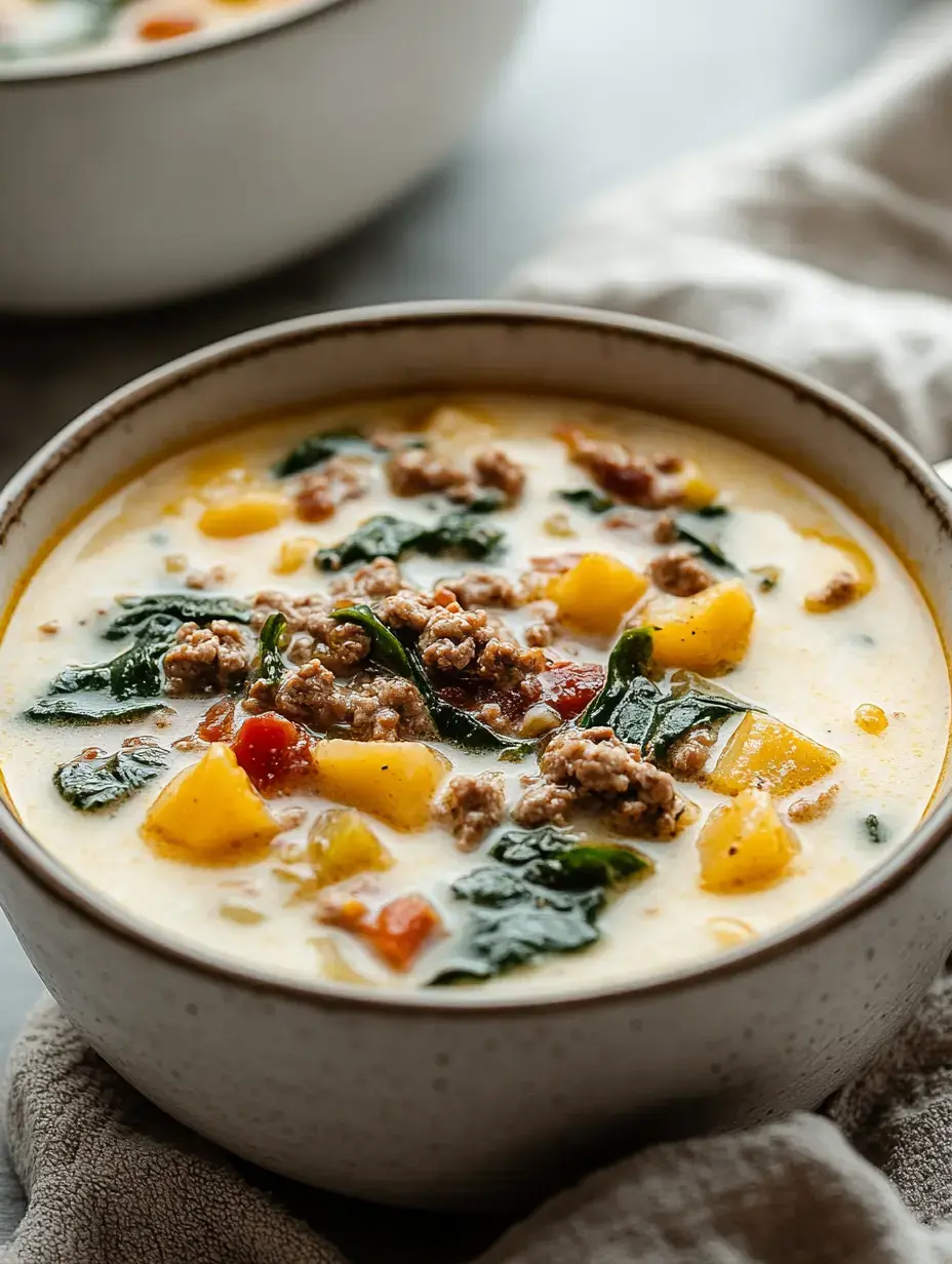 Cremige Suppe mit Hackfleisch, Spinat und buntem Gemüse in einer Schale.