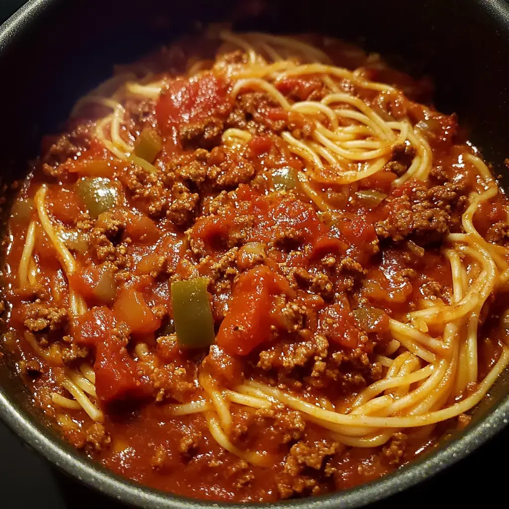 Ein Topf Spaghetti mit Hackfleisch und fruchtiger Tomatensoße, darin stückige Tomaten und Paprika.