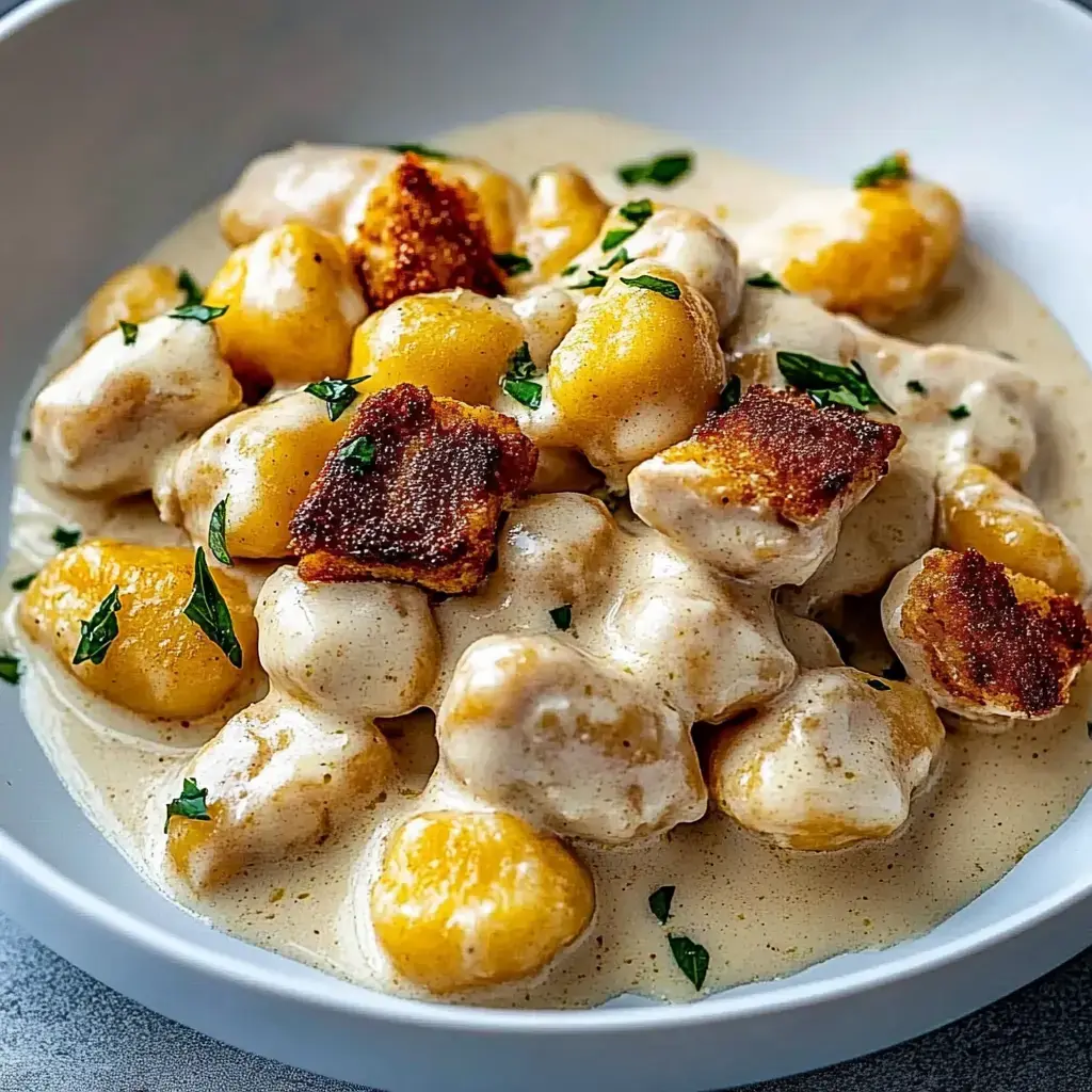 Eine Schale sahnige Gnocchi mit knusprigem Schweinefleisch und mit frischer Petersilie dekoriert.