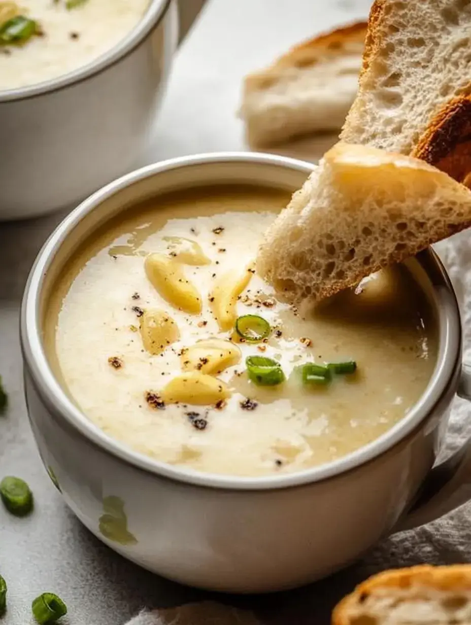Eine Schale cremige Suppe mit Frühlingszwiebeln und Pinienkernen, dazu ein Stück Brot zum Dippen.