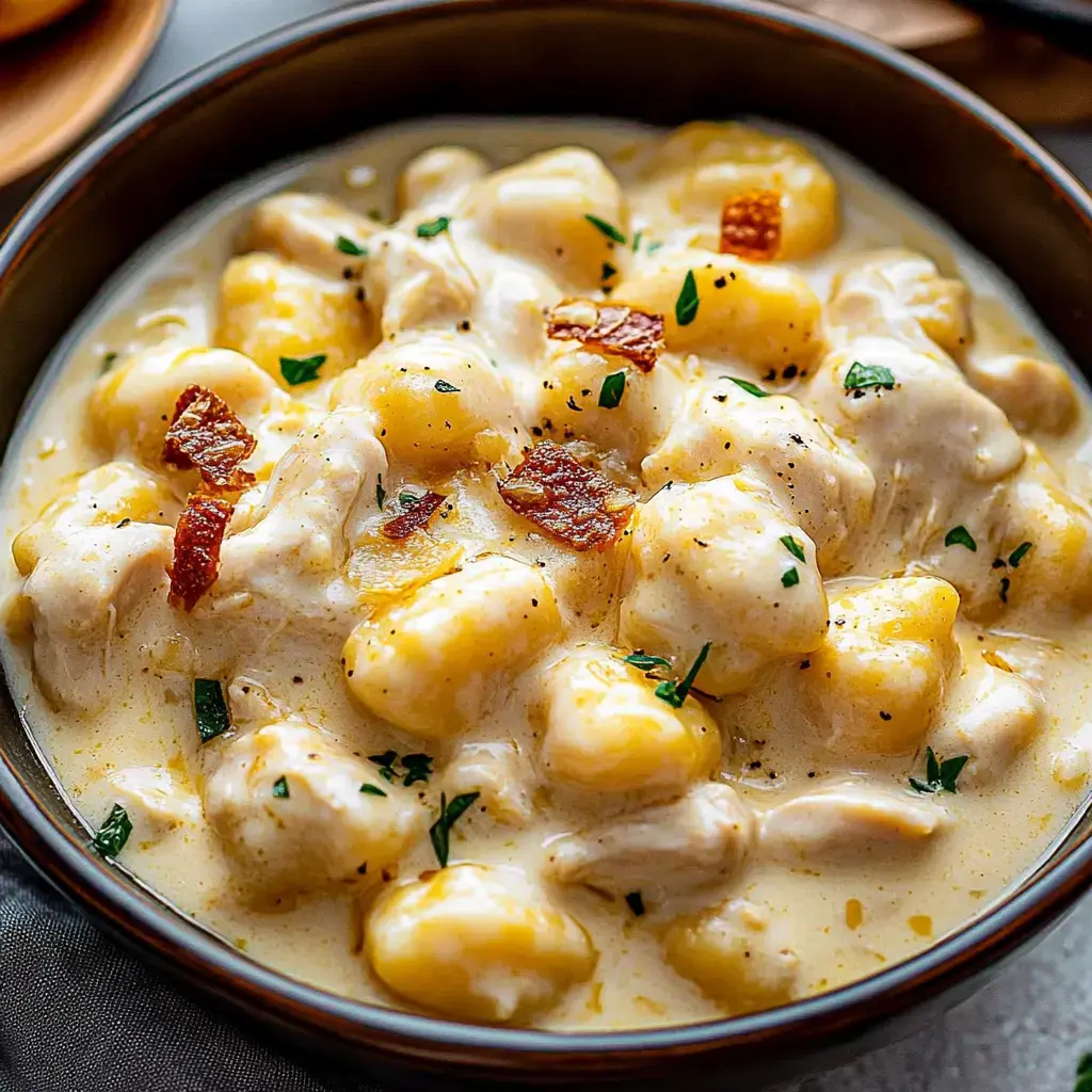 Cremige Gnocchi mit Hähnchen, getoppt mit krossem Speck und Petersilie.