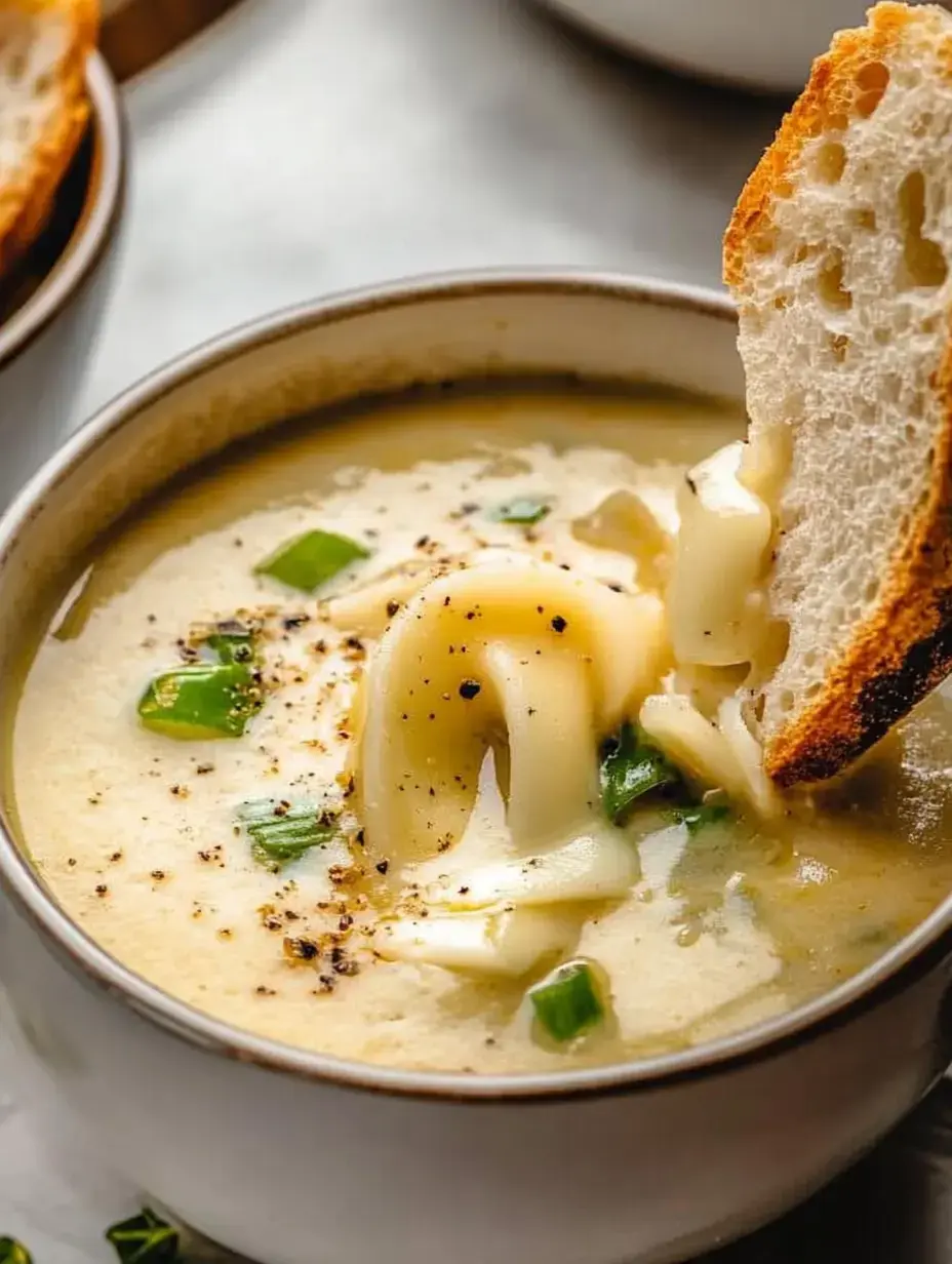 Eine Schüssel cremige Suppe mit Nudeln und Frühlingszwiebeln, plus knusprigem Brot zum Dippen.