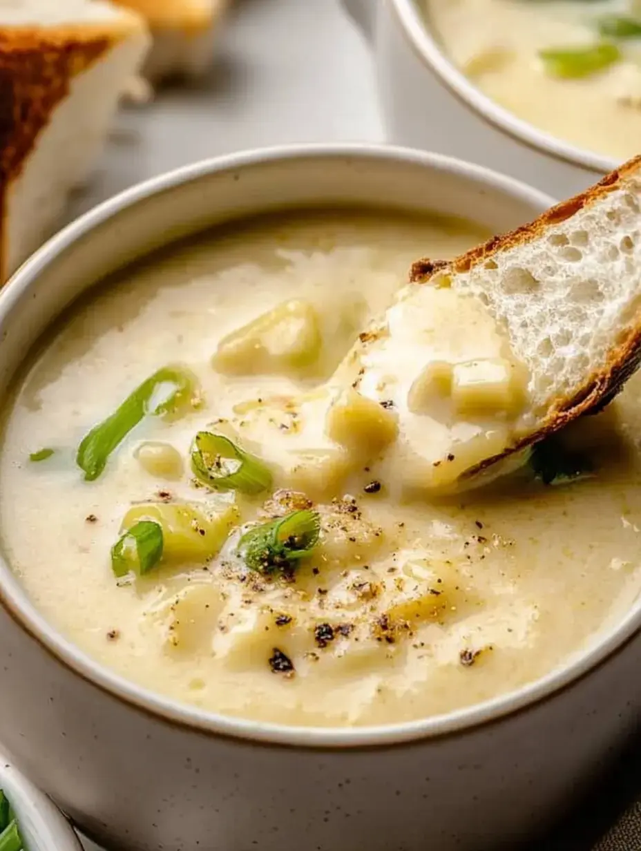 Ein Stück geröstetes Brot wird in eine cremige Suppe mit Frühlingszwiebeln und schwarzem Pfeffer getaucht.