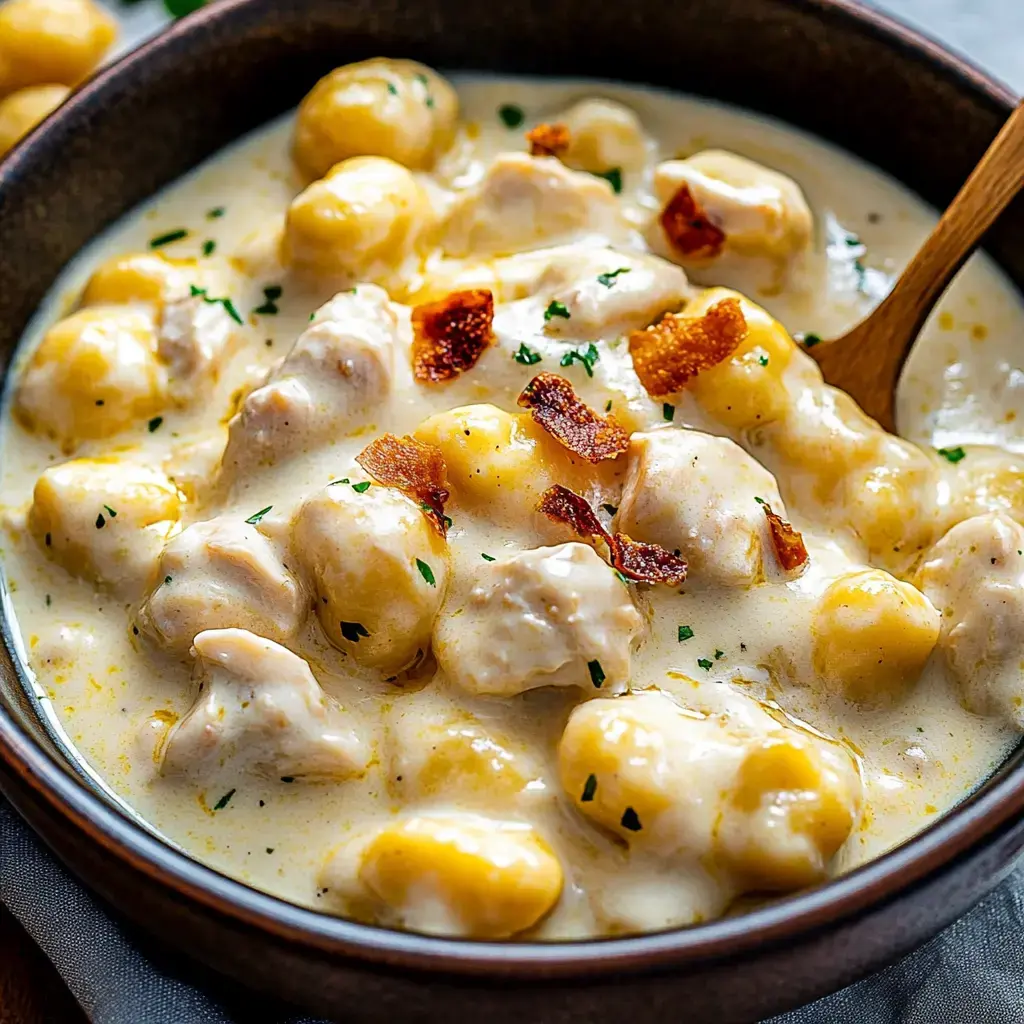 Eine Schale von cremigem Hähnchen mit Gnocchi und krossem Speck sowie frischen Kräutern oben drauf.