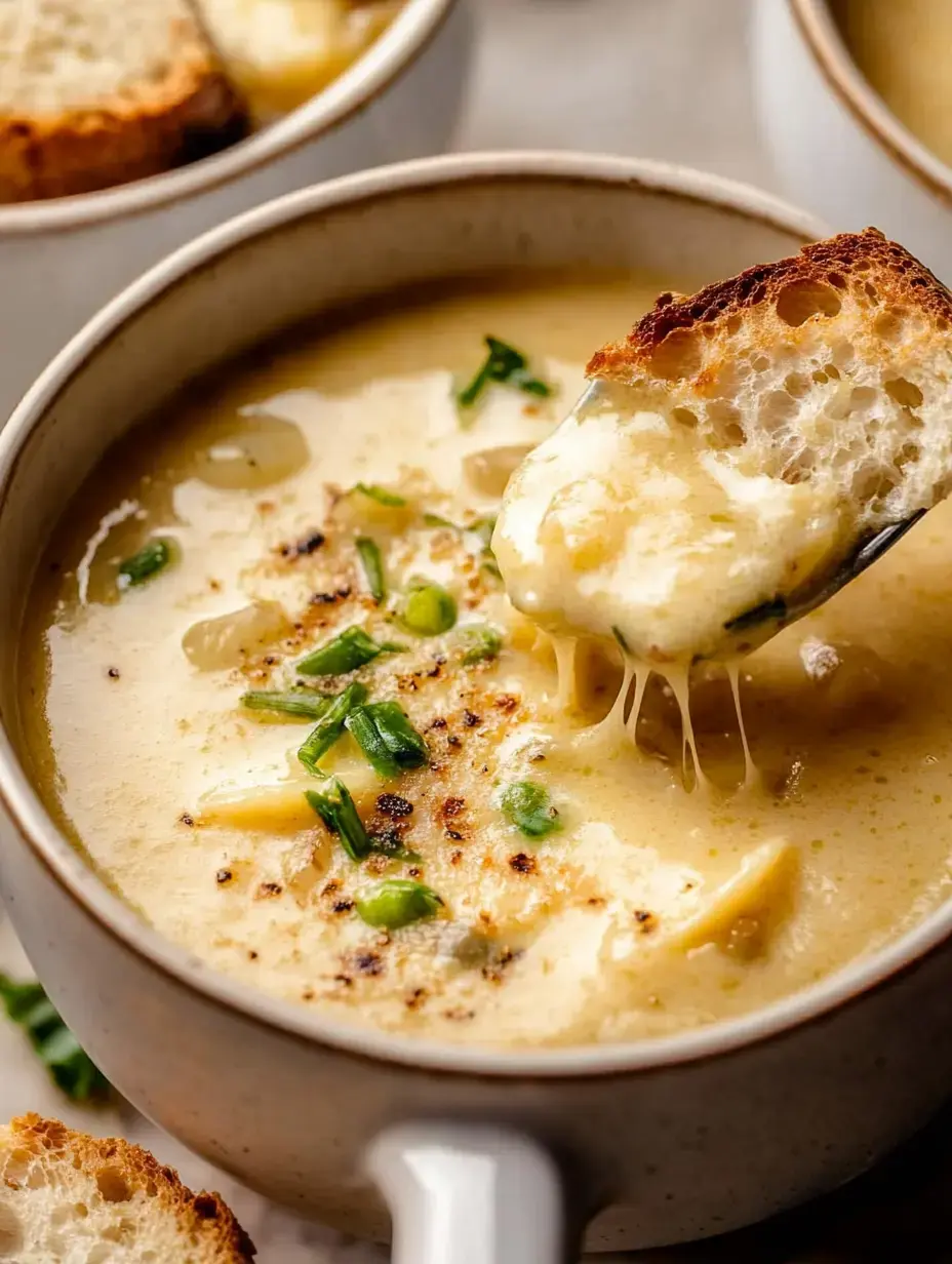 Cremige Suppe mit Frühlingszwiebeln und Käse, dazu ein getoastetes Brot, das eingetaucht wird.