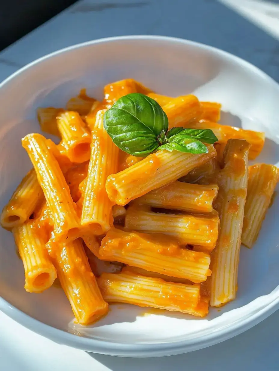 Ein Teller Rigatoni mit cremiger oranger Sauce, garniert mit frischem Basilikumblatt.