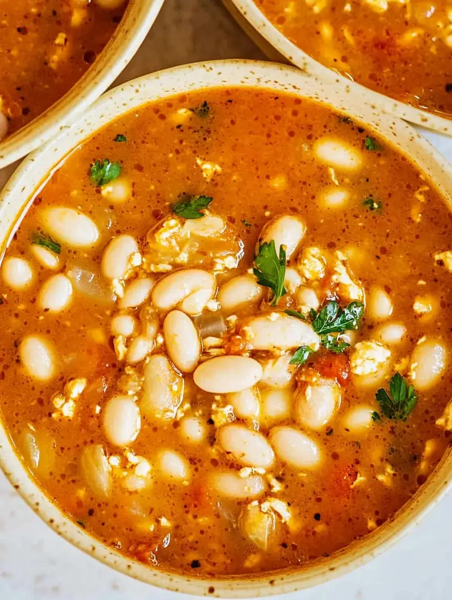 Eine Nahaufnahme von einem Teller herzhafter Bohnensuppe mit frischer Petersilie obendrauf.
