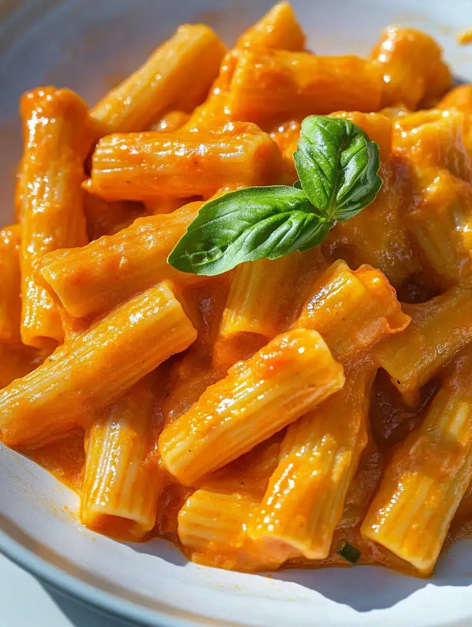 Nahaufnahme von Rigatoni mit cremiger oranger Sauce, verziert mit frischem Basilikum.
