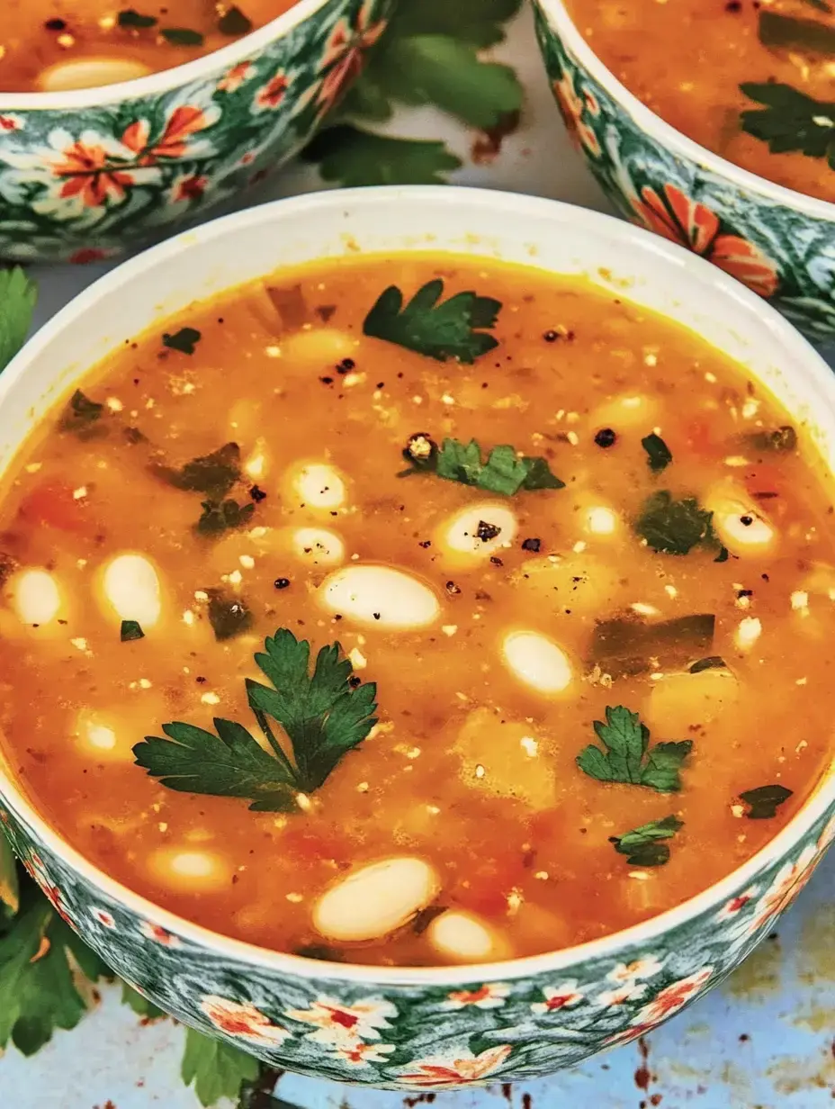 Nahaufnahme einer Schale Suppe mit weißen Bohnen und frischer Petersilie in einer bunten Schüssel.