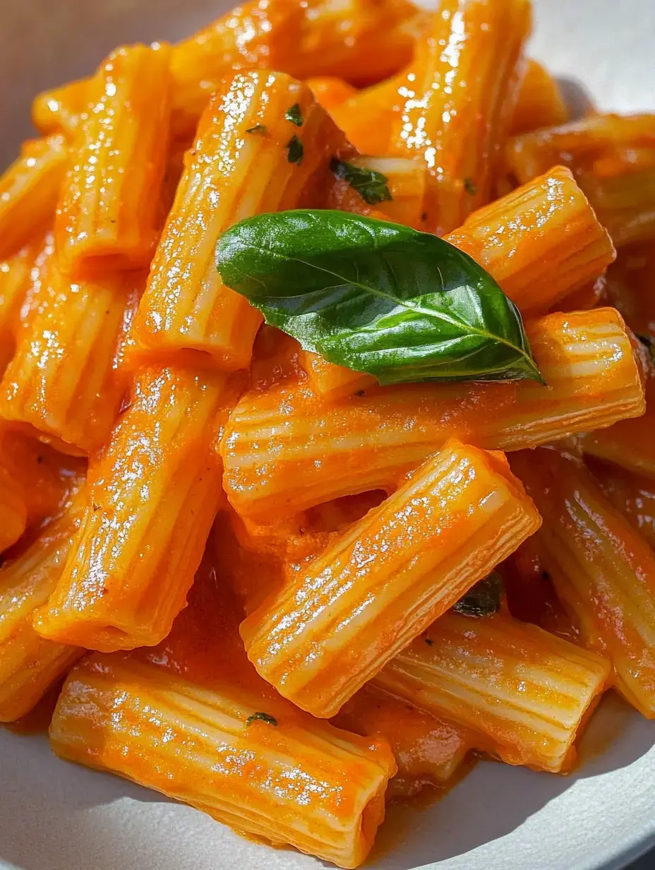 Nahaufnahme von Rigatoni mit tomatiger roter Sauce, dekoriert mit frischem Basilikumblatt.