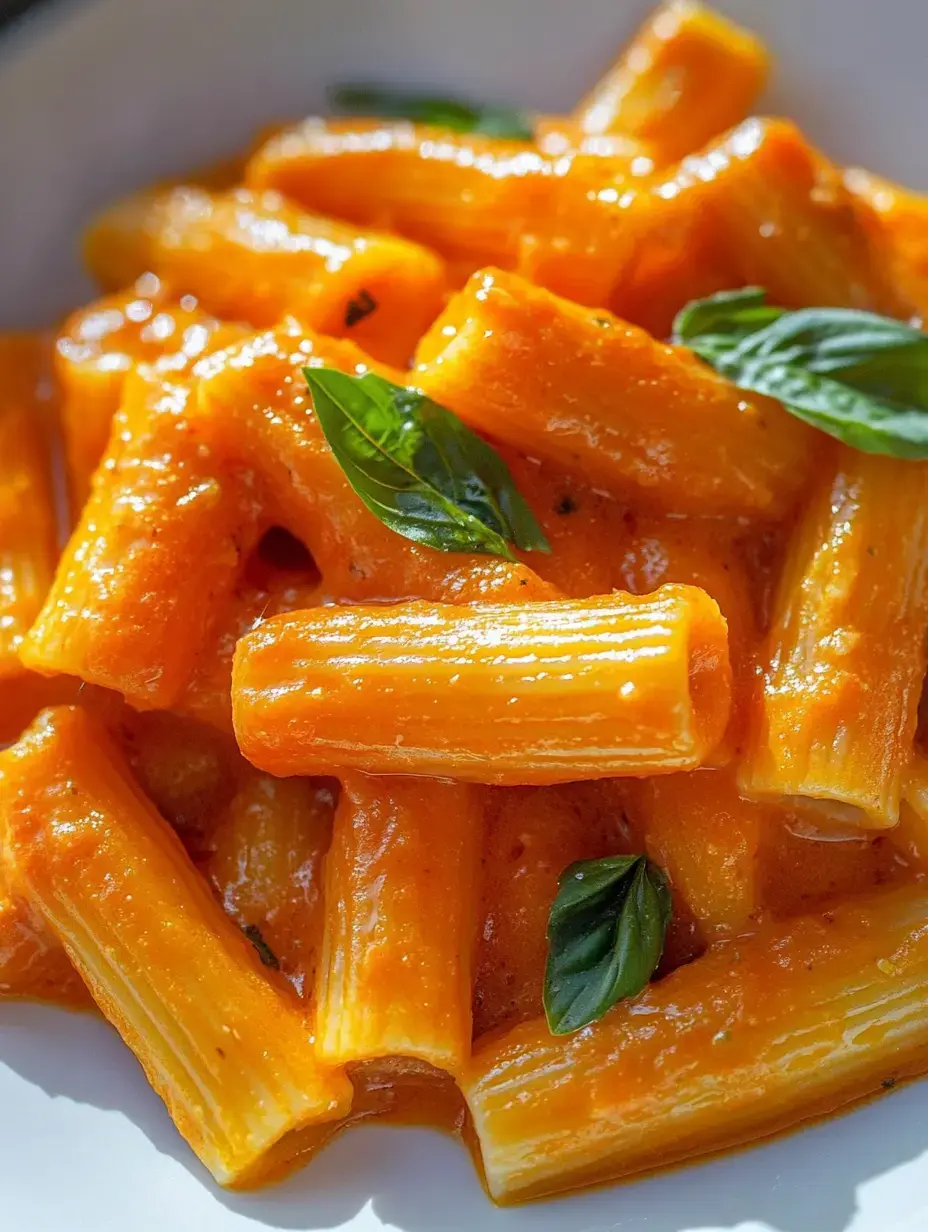 Eine Schüssel Rigatoni mit leuchtender oranger Sauce und frischem Basilikum.