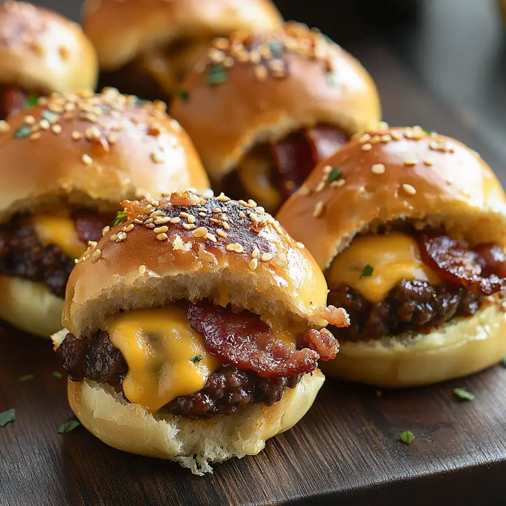 Nahaufnahme von Mini-Burgern mit geschmolzenem Käse und knusprigem Bacon, bestreut mit Sesam und etwas Kräutern.