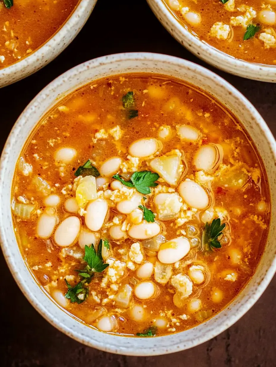 Nahaufnahme einer Schale Suppe mit weißen Bohnen, Gemüse und frischen Kräutern obendrauf.