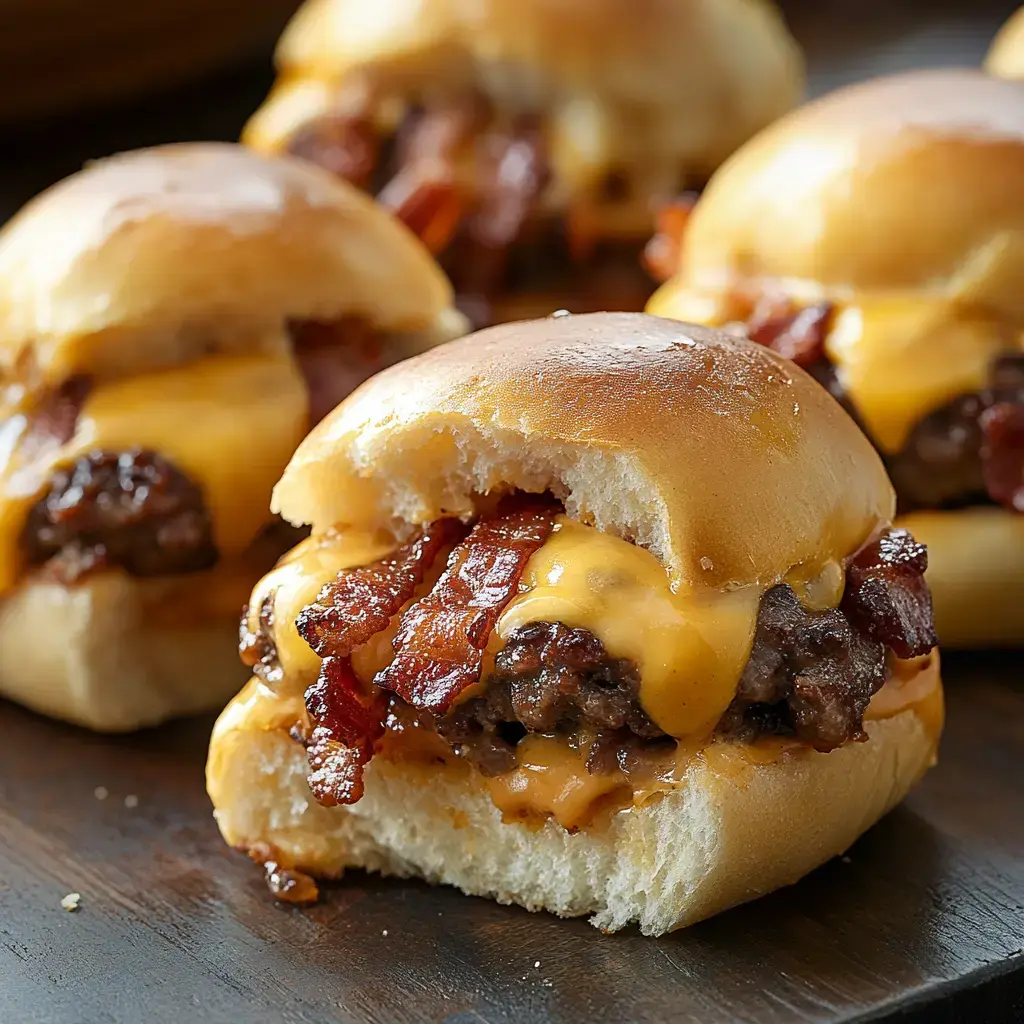 Nahaufnahme von Mini-Cheeseburgern mit Bacon auf Holz, lecker in Szene gesetzt.