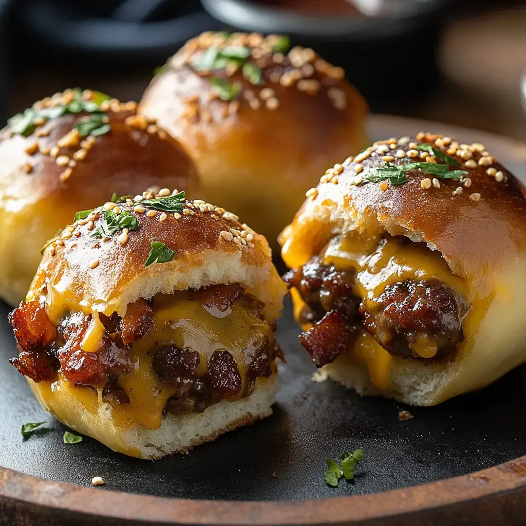 Goldene, fluffige Burgerbrötchen mit geschmolzenem Käse und Bacon, garniert mit Petersilie und Sesam.