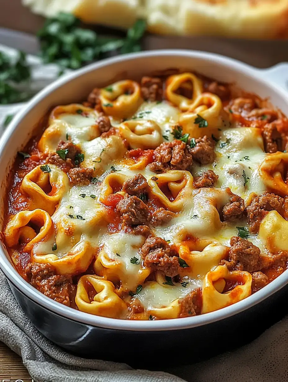 Nahaufnahme von überbackenen Tortellini mit zerlaufenem Käse und Hackfleisch in einer weißen Form, mit Petersilie bestreut.