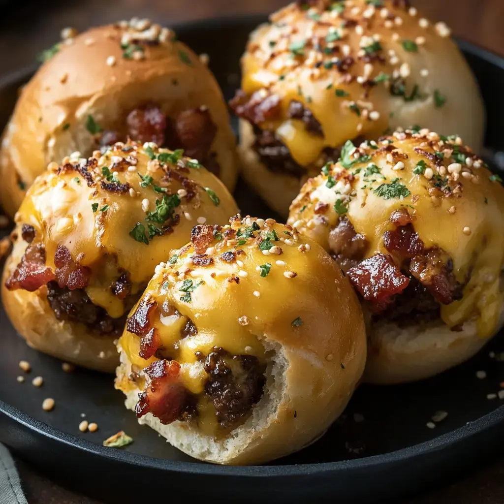 Ein Teller mit pikanten Cheeseburger-Buns, getoppt mit knusprigem Bacon, geschmolzenem Käse und Sesam – einer davon schon angebissen.