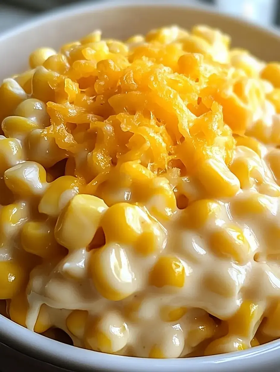 Nahaufnahme einer Schale mit cremigem Mais und geriebenem Cheddar obendrauf.