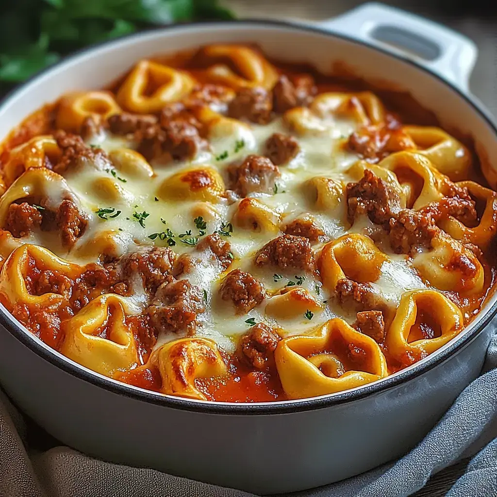 Ein Auflauf mit überbackenen Tortellini, Hackfleisch und dicker Tomatensoße, getoppt mit Petersilie.