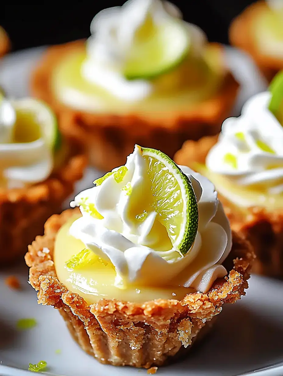 Nahaufnahme von kleinen Limetten-Törtchen mit Sahne und Limettenscheiben auf weißem Teller.