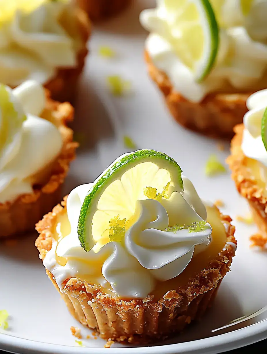 Nahaufnahme von kleinen Limetten-Törtchen mit Sahne und Limettenschnitz auf weißem Teller.