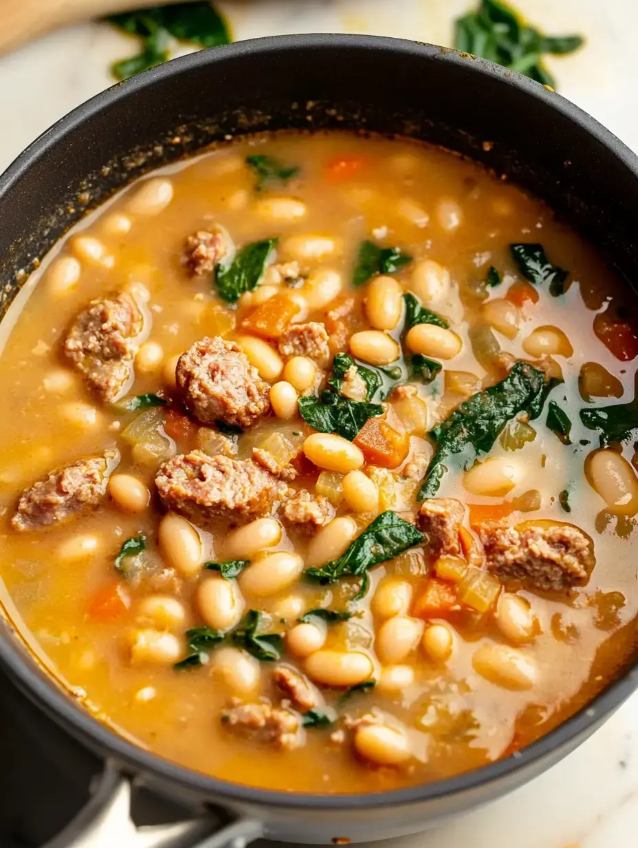 Eine Nahaufnahme eines Topfes gefüllt mit einer deftigen Bohnen-Fleisch-Suppe mit Spinat und gewürfeltem Gemüse.