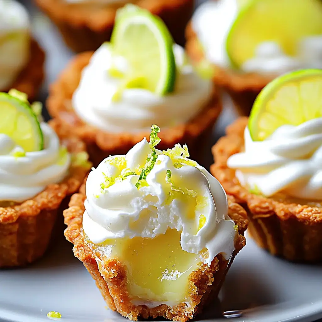 Nahaufnahme von Mini-Limetten-Törtchen mit Sahne, Limettenscheiben und Abrieb garniert.