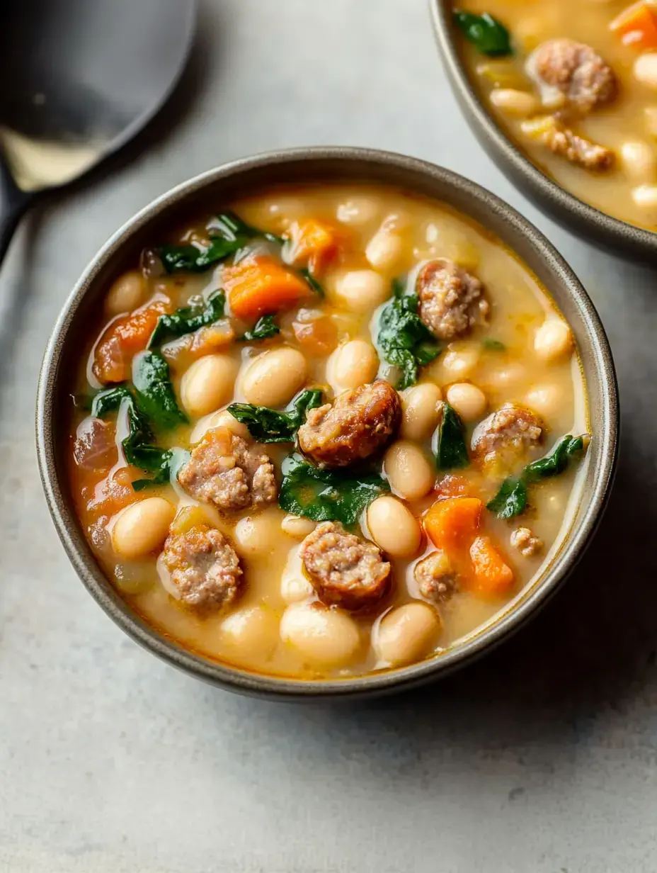 Eine Schüssel Weiße-Bohnen-Suppe mit Wurststücken, Spinat und gewürfelten Karotten.