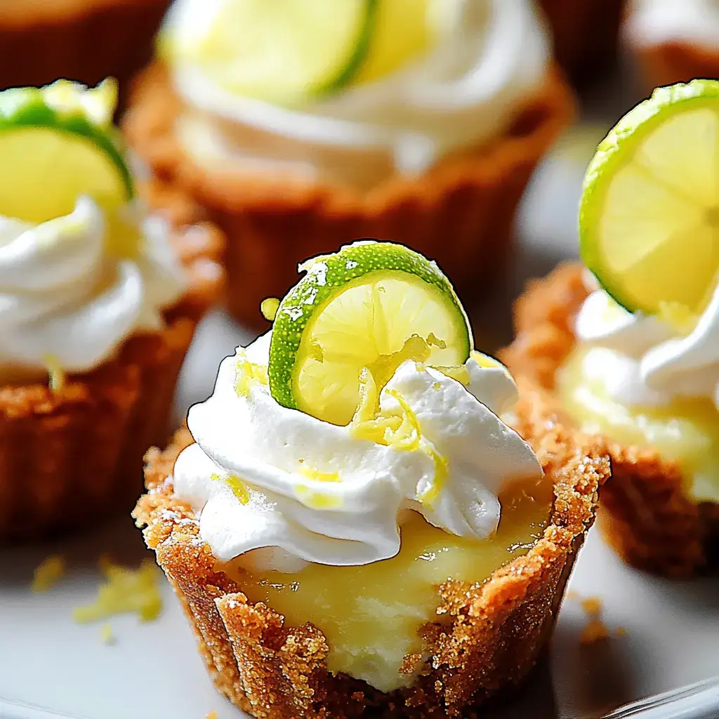 Nahaufnahme von kleinen Limetten-Törtchen mit Sahne, Limettenscheiben und Abrieb dekoriert.