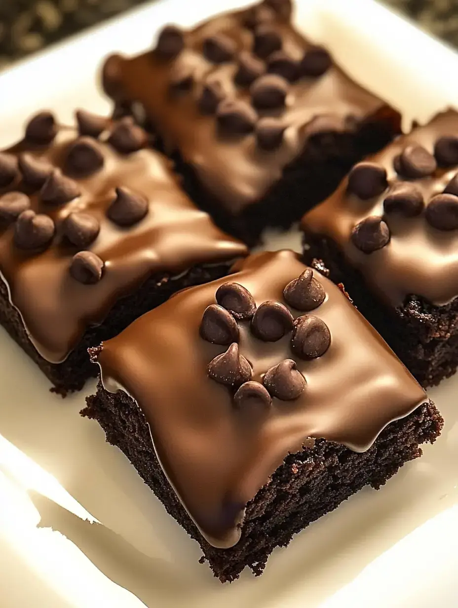 Vier Stück Brownies auf einem weißen Teller, verziert mit glänzender Schokoglasur und Schokostücken.