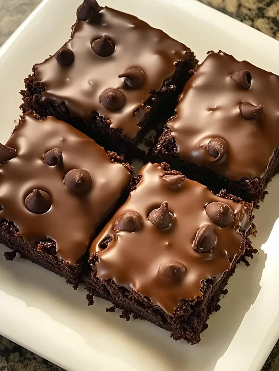 Ein Teller mit vier Brownies, getoppt mit glänzender Schokoglasur und Schokoladenstücken.