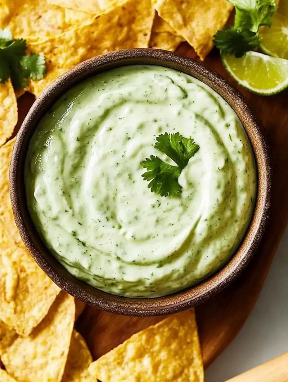 Ein cremiger grüner Dip mit Koriander-Garnitur in einer Schüssel, umgeben von Tortilla-Chips und Limettenschnitzen.