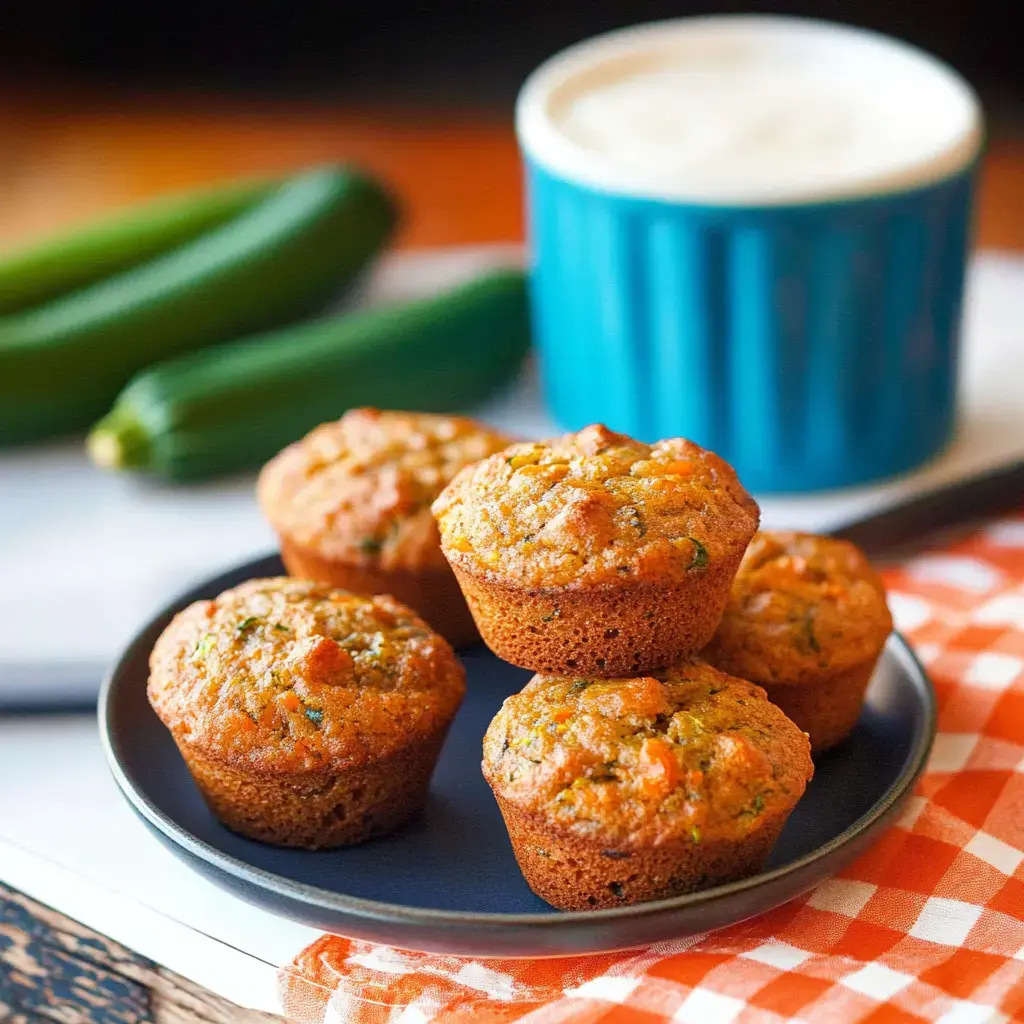 Auf einem Teller liegen Zucchini-Muffins, daneben stehen eine Tasse Kaffee und zwei Zucchini auf der Küchenplatte.