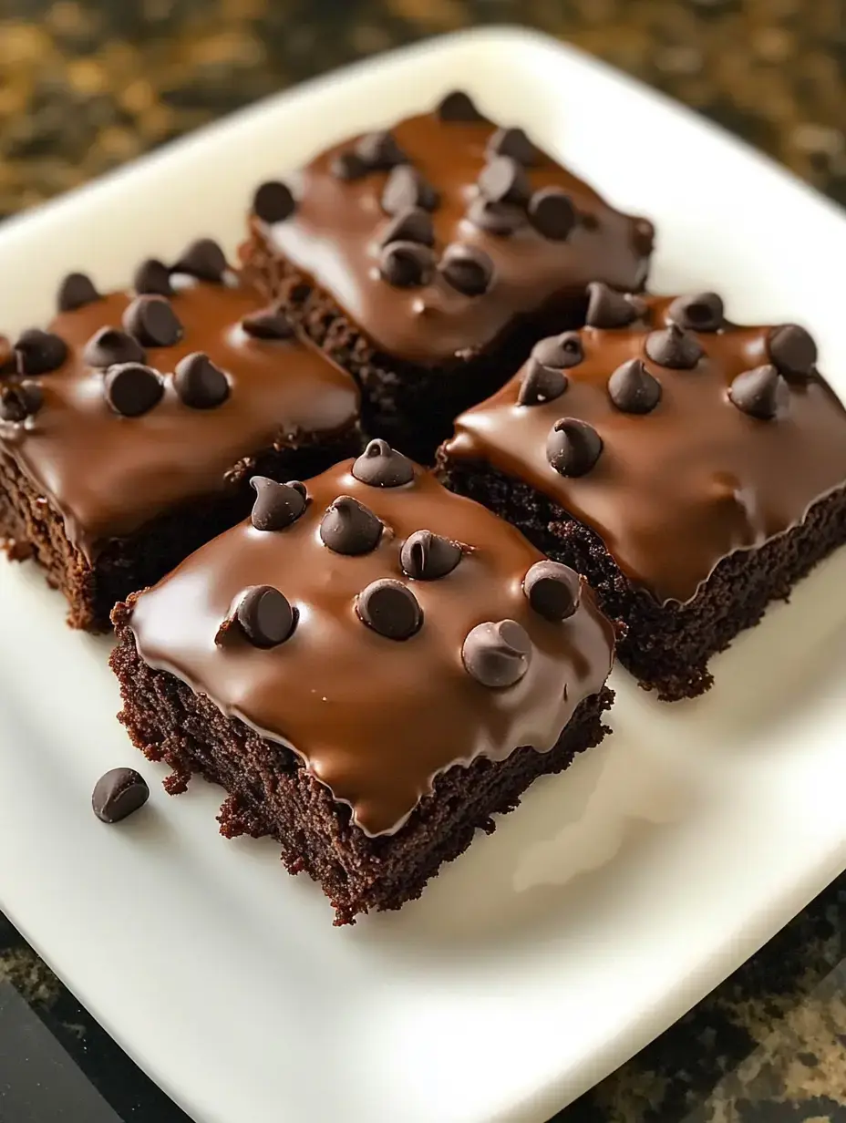 Teller mit Brownies, glänzender Schokoglasur und Schokostücken obenauf verstreut.