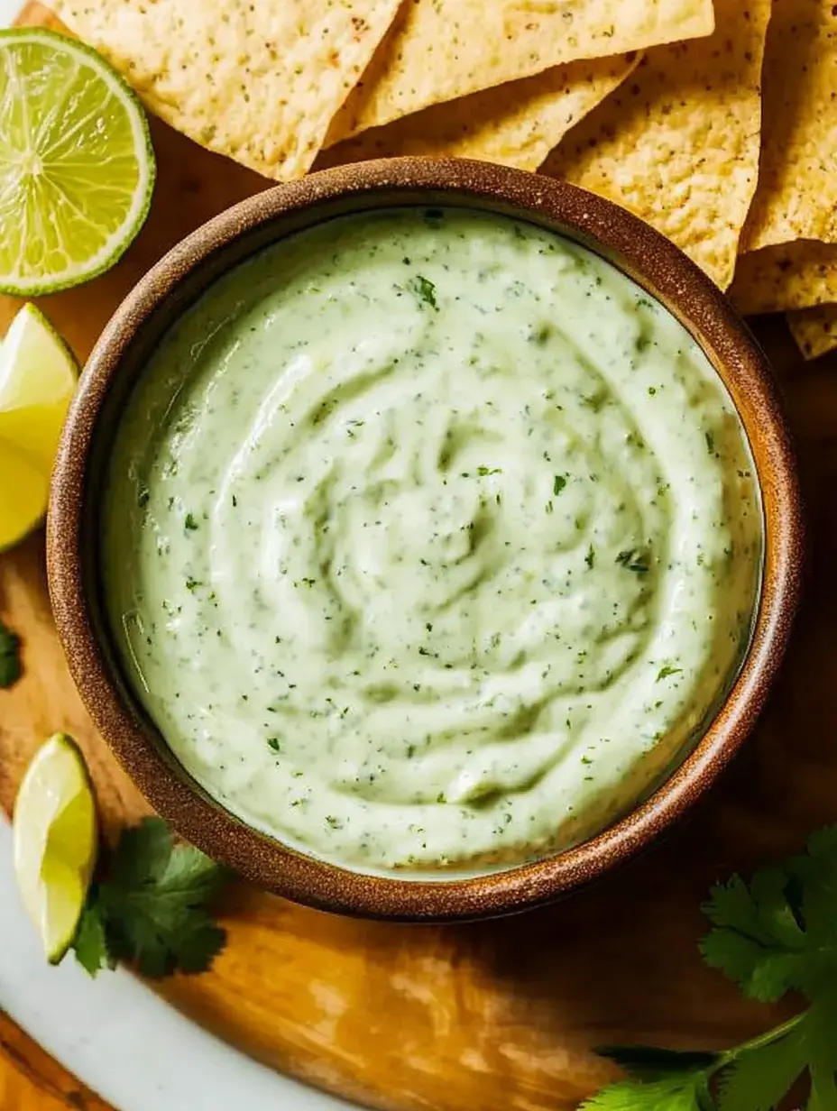 Eine Schüssel mit cremigem grünem Dip, umgeben von Limettenschnitzen und Tortilla-Chips auf einem Holztablett.