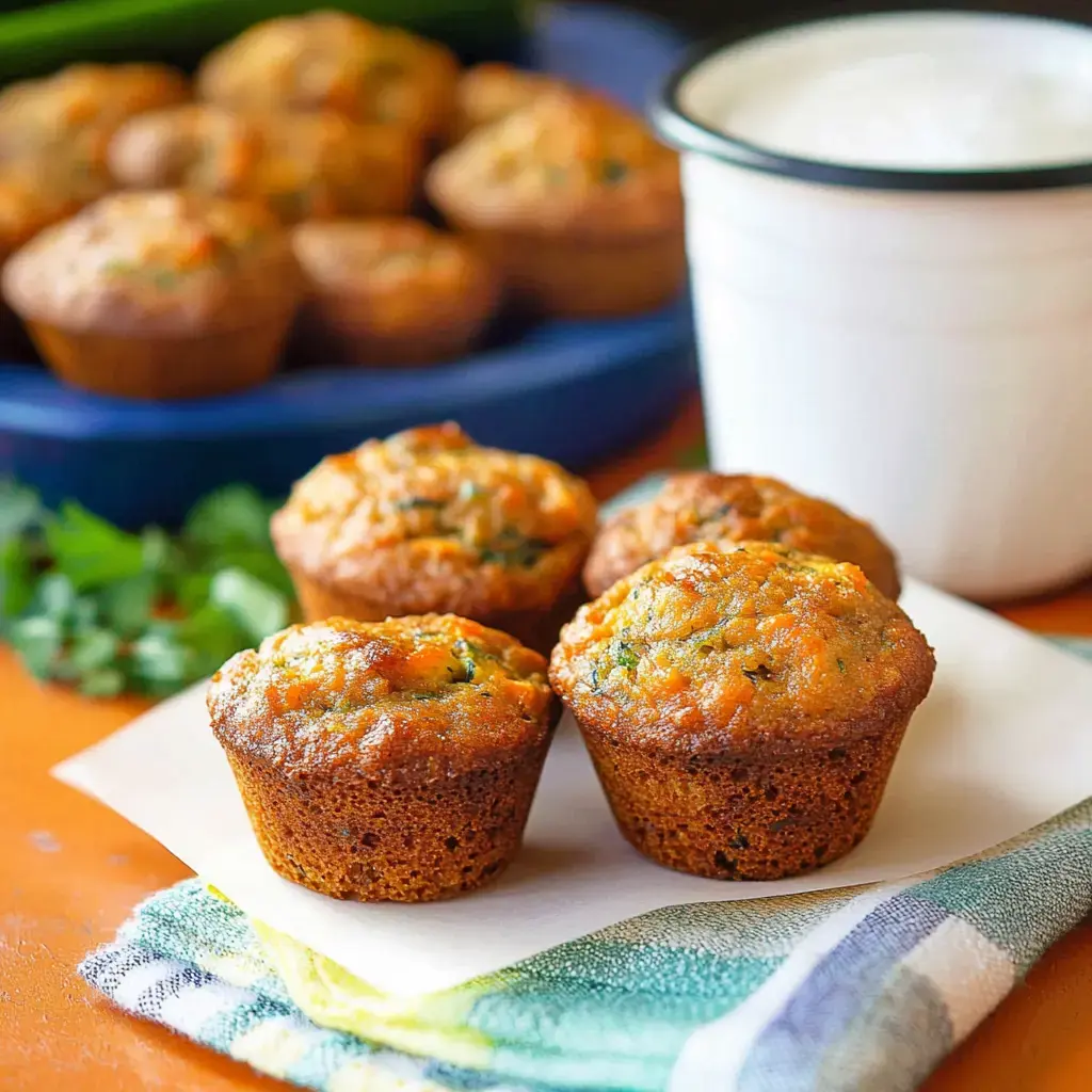 Vier goldbraune Muffins mit Kräutern liegen auf einer weißen Serviette, daneben stehen ein Joghurtbecher und im Hintergrund sind weitere Muffins unscharf zu sehen.